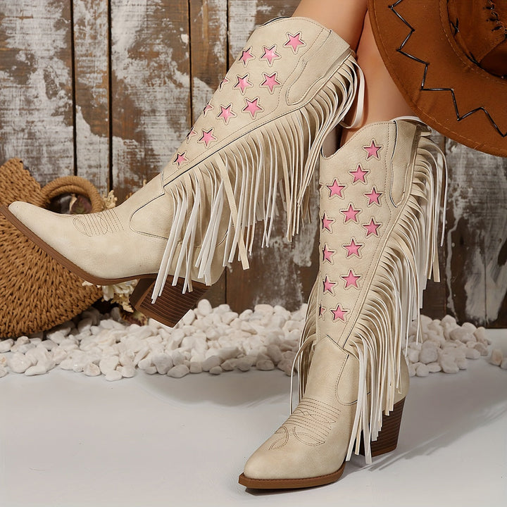 Isabella | Stivali da Cowboy Western con Frange e Stelle Rosa