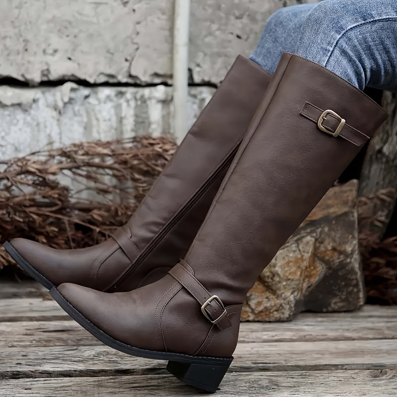 Elena | Faux Leather Knee-High Boots with Double Buckle