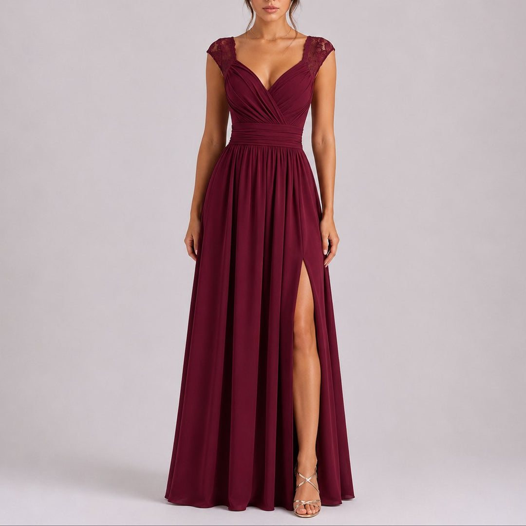 Isabella | Abito Maxi in Pizzo con Scollo Incrociato per Matrimonio Autunnale