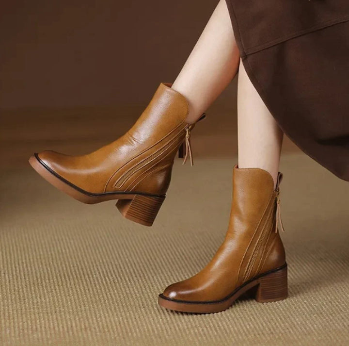 Clara | Smooth Leather Ankle Boots with Block Heel