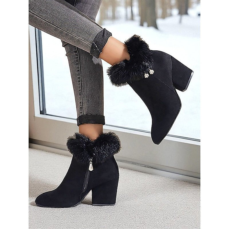 Claire | Ankle Boots – Fur-Trimmed Block Heel Elegante