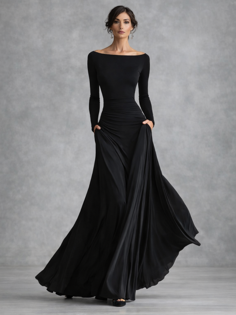 Maris | Maxi Dress – Elegant Draped Long Sleeve Style