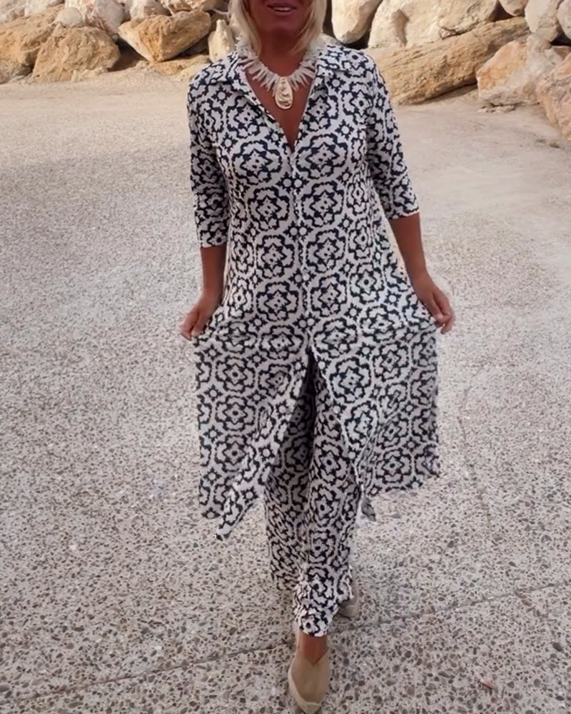 Sandra | Completo Donna Stampato con Tunica a Scollo a V e Pantaloni Palazzo