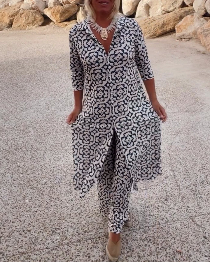 Sandra | Completo Donna Stampato con Tunica a Scollo a V e Pantaloni Palazzo