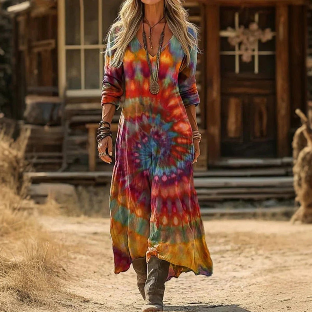 Serena | Abito Boho Maxi a Maniche Lunghe con Stampa Vintage
