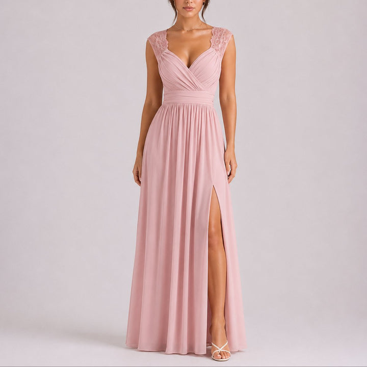 Isabella | Abito Maxi in Pizzo con Scollo Incrociato per Matrimonio Autunnale