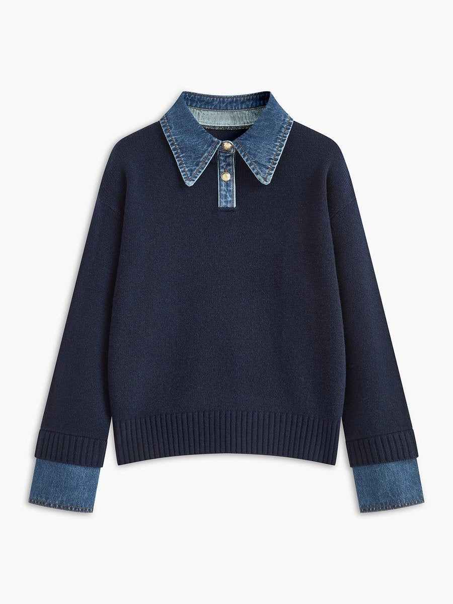 Amelie | 2-in-1 Sweater with Denim Collar and Metal Buttons