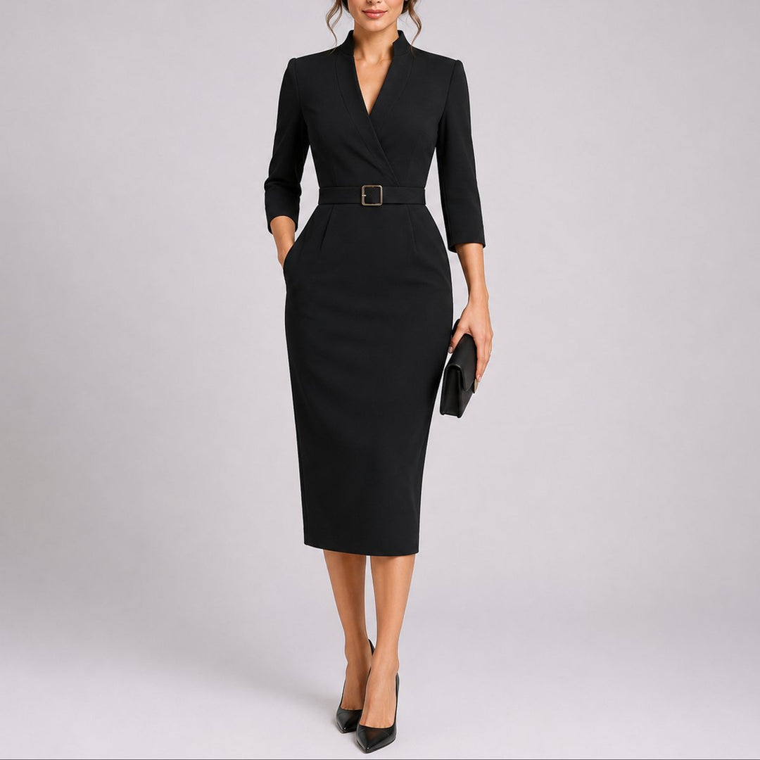 Beatrice | Figurbetontes Midikleid mit Gürtel und V-Ausschnitt für eine Herbsthochzeit