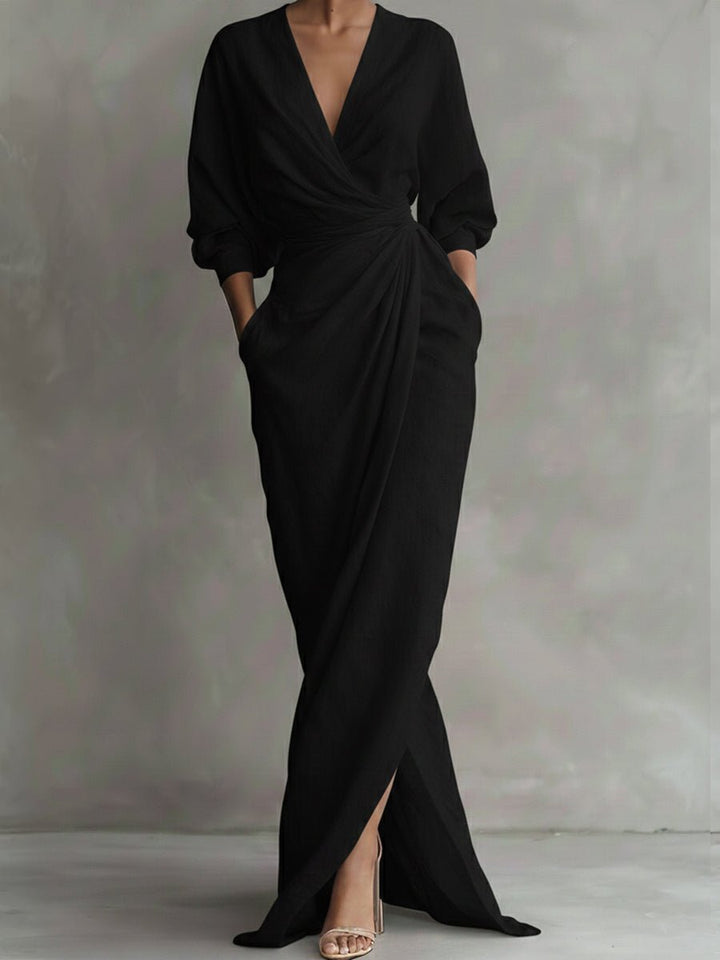 Valentina | Elegantes langärmeliges Maxikleid mit V-Ausschnitt