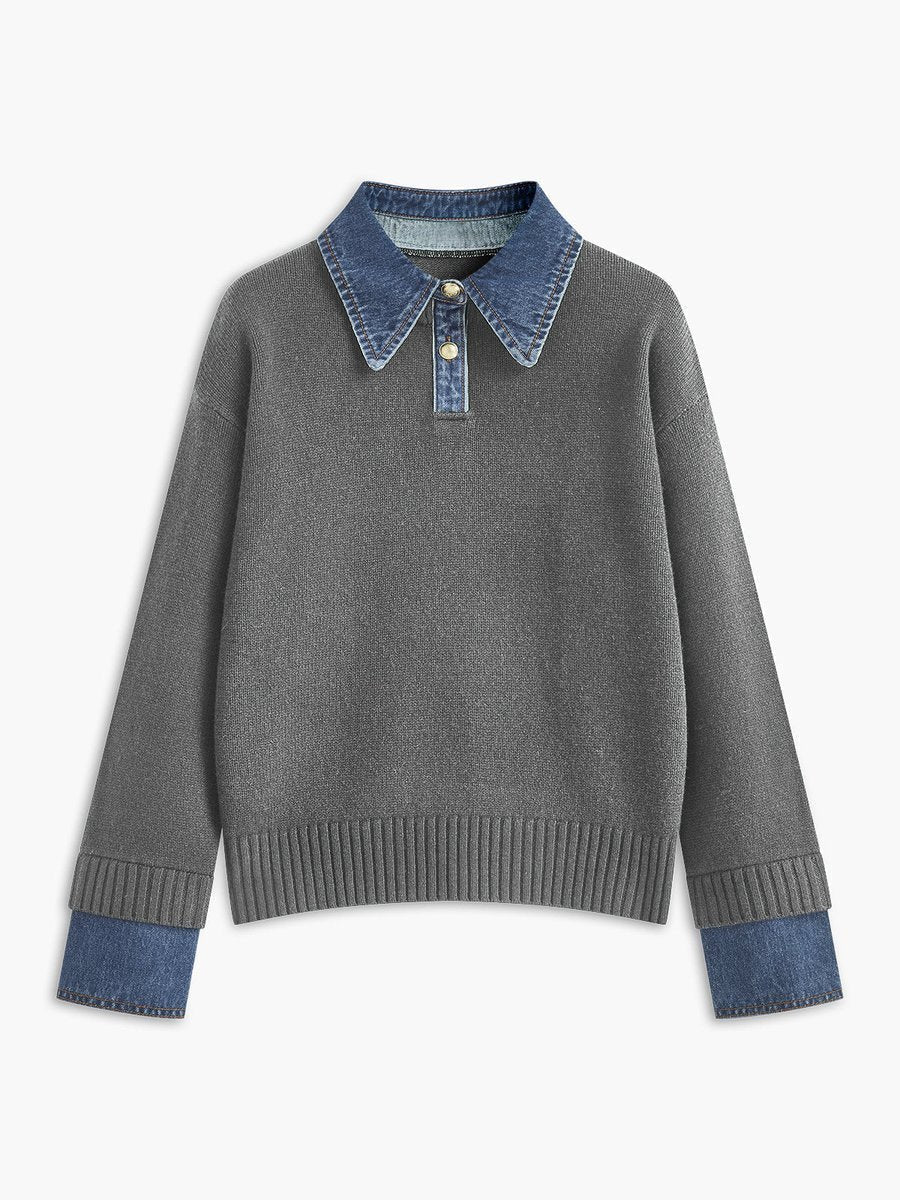 Amelie | 2-in-1 Sweater with Denim Collar and Metal Buttons