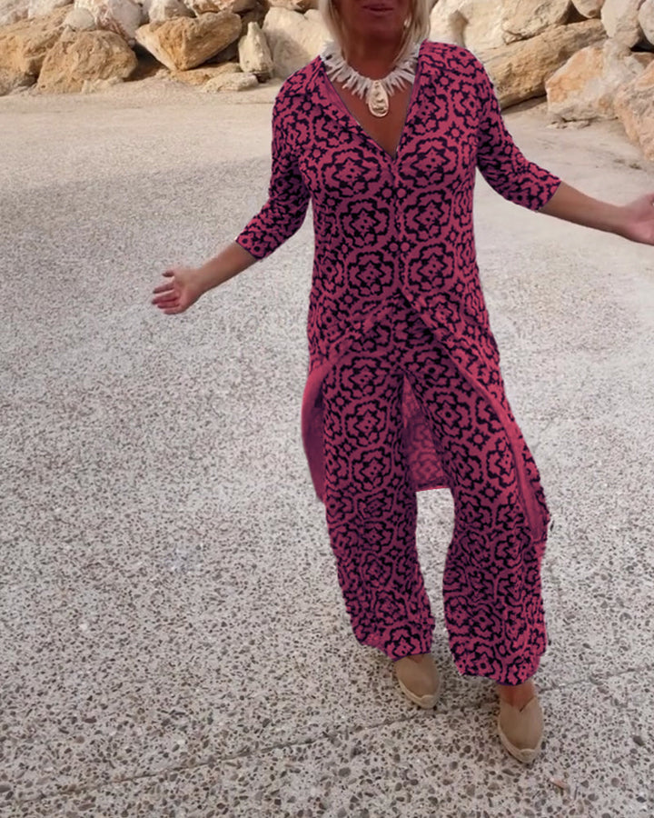 Sandra | Completo Donna Stampato con Tunica a Scollo a V e Pantaloni Palazzo