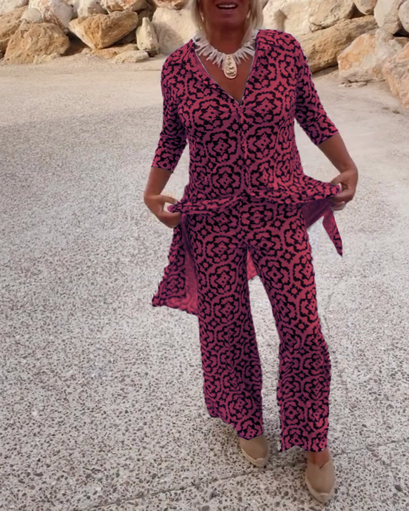 Sandra | Completo Donna Stampato con Tunica a Scollo a V e Pantaloni Palazzo