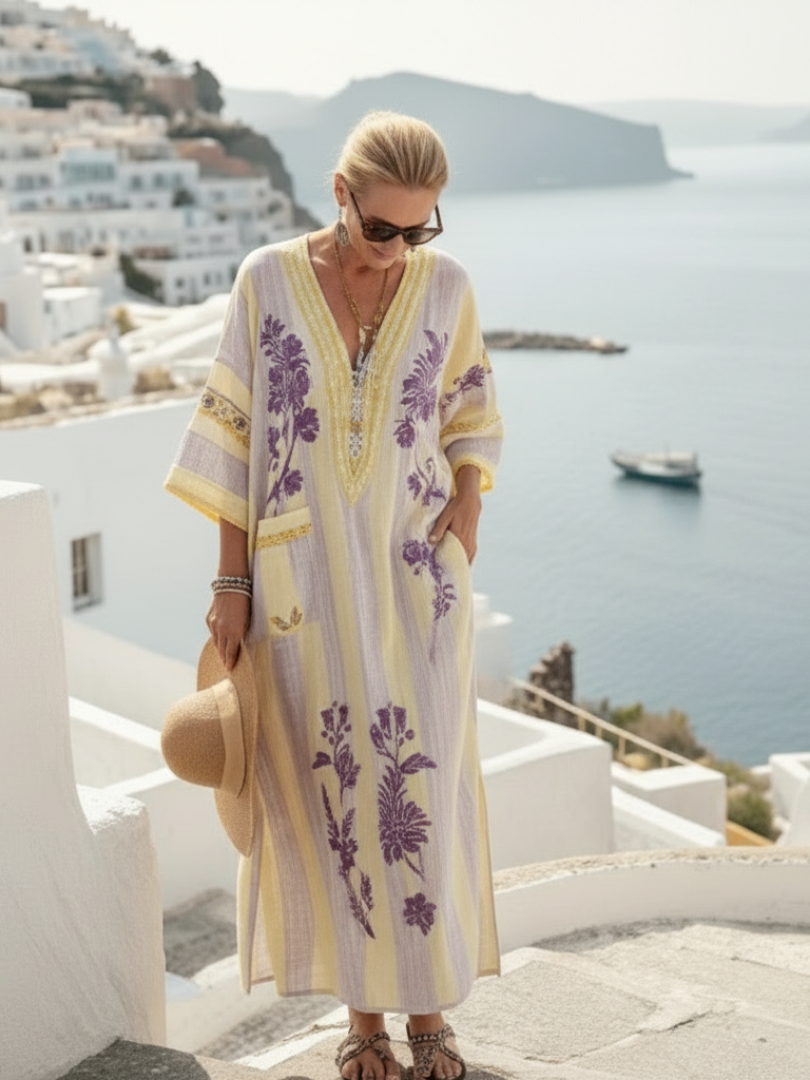 Aurelia | Maxi Dress – V Neck a Strisce Floreali