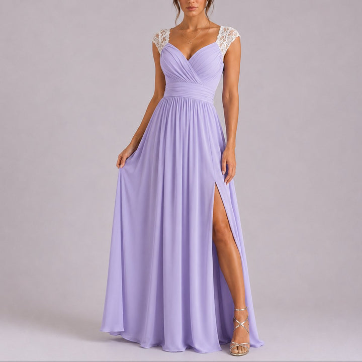 Isabella | Abito Maxi in Pizzo con Scollo Incrociato per Matrimonio Autunnale