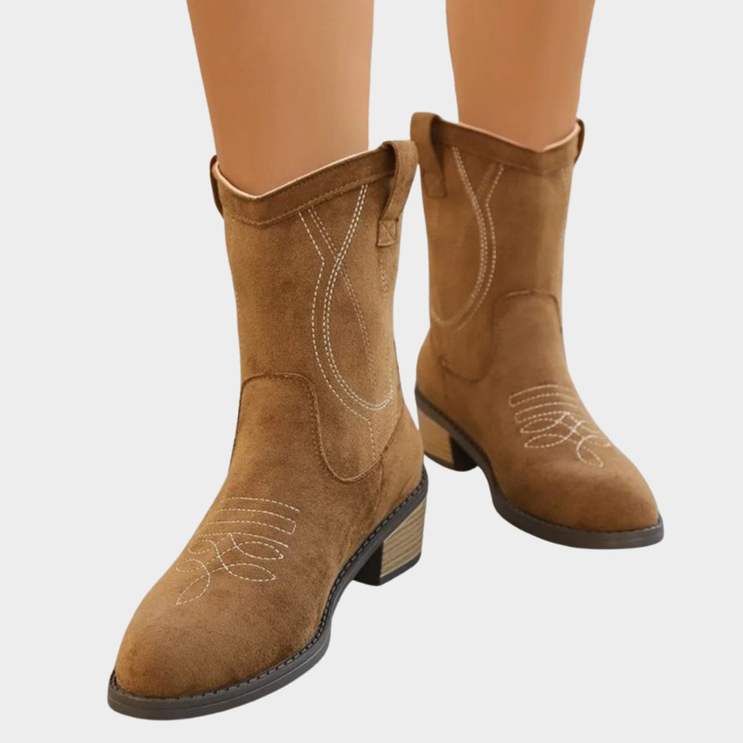 Claudia | Embroidered Western Ankle Boots with a Suede-Look Finish