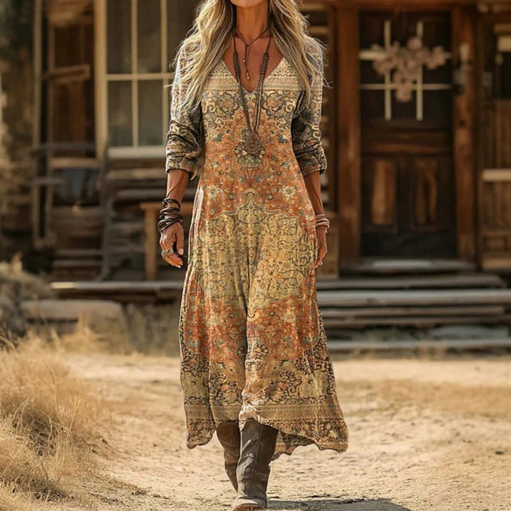 Serena | Abito Boho Maxi a Maniche Lunghe con Stampa Vintage