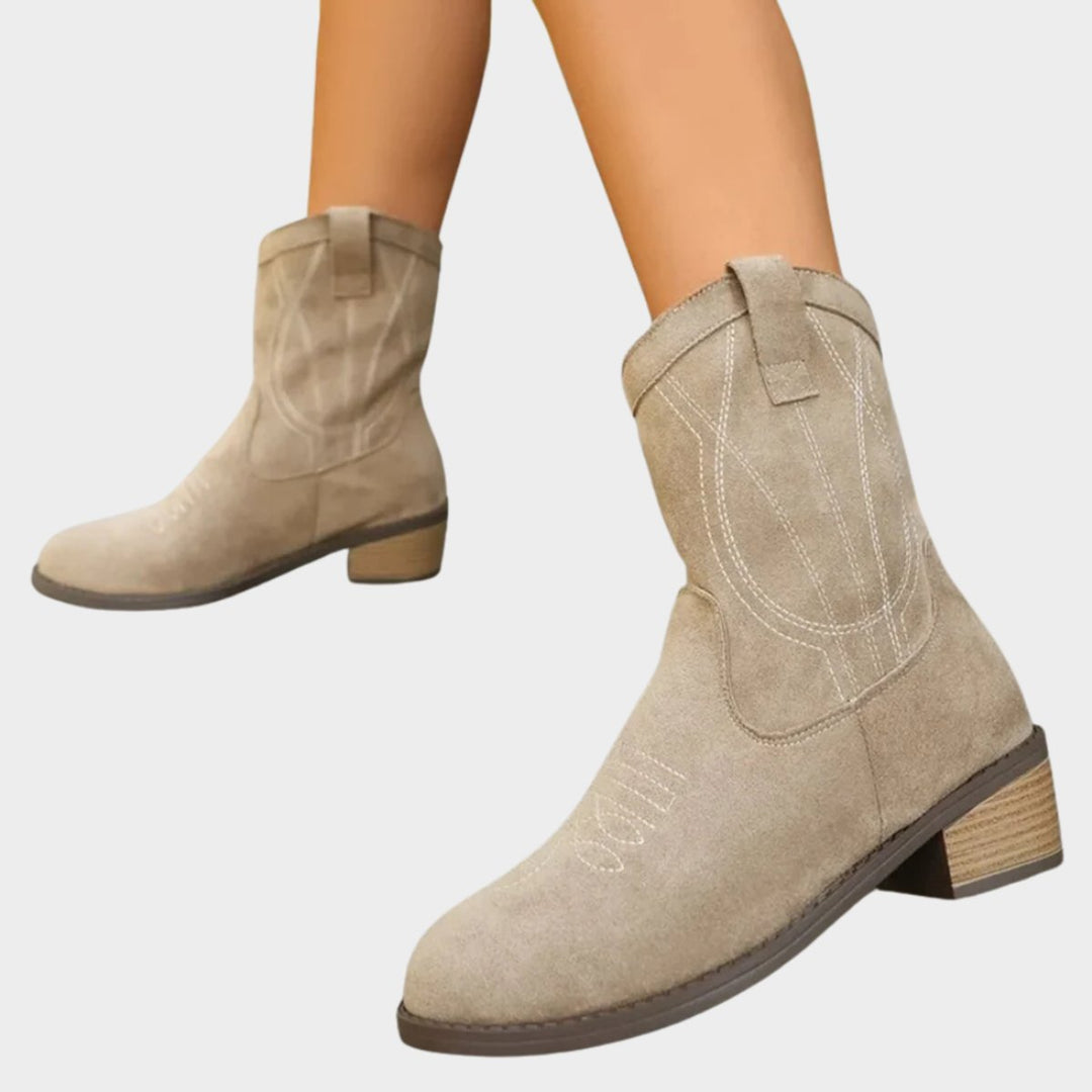 Claudia | Embroidered Western Ankle Boots with a Suede-Look Finish