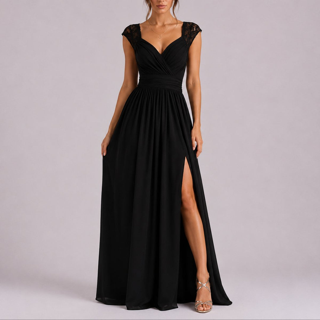 Isabella | Abito Maxi in Pizzo con Scollo Incrociato per Matrimonio Autunnale
