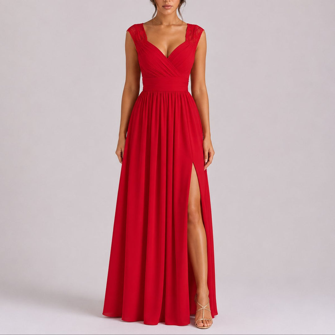 Isabella | Abito Maxi in Pizzo con Scollo Incrociato per Matrimonio Autunnale