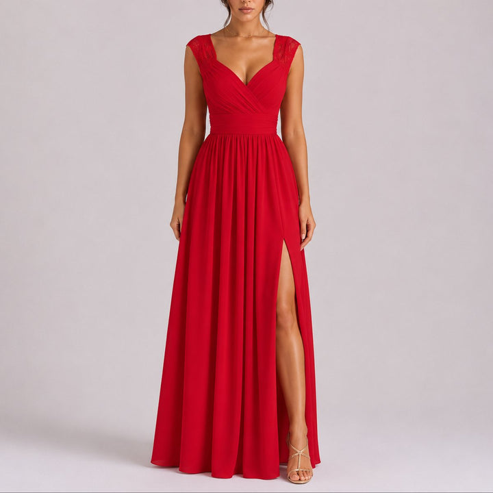 Isabella | Abito Maxi in Pizzo con Scollo Incrociato per Matrimonio Autunnale