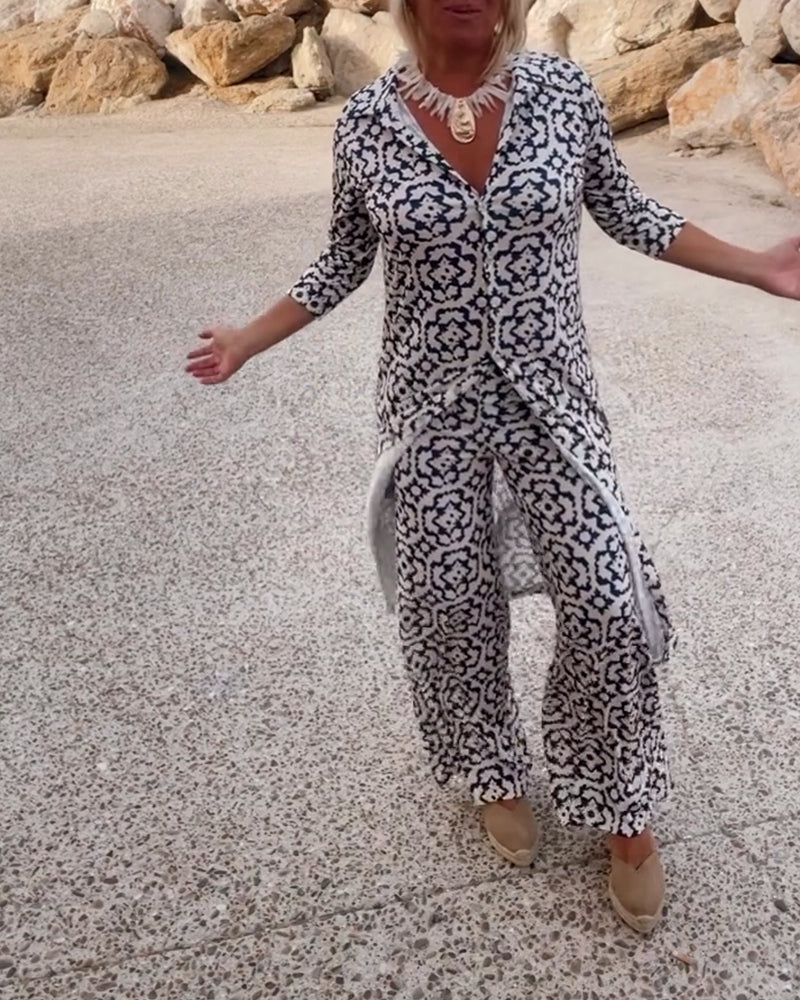 Sandra | Completo Donna Stampato con Tunica a Scollo a V e Pantaloni Palazzo