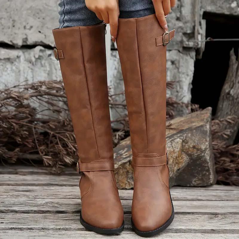 Elena | Faux Leather Knee-High Boots with Double Buckle