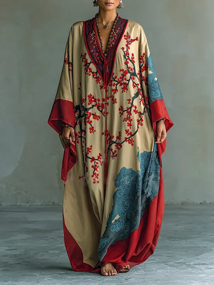 Aurelia | Elegant Long-Sleeve Maxi Dress with Japanese Floral Pattern