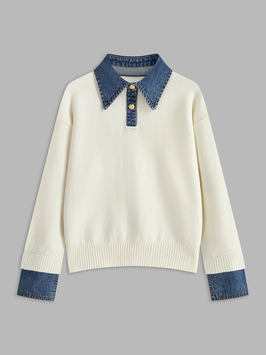 Amelie | 2-in-1 Sweater with Denim Collar and Metal Buttons