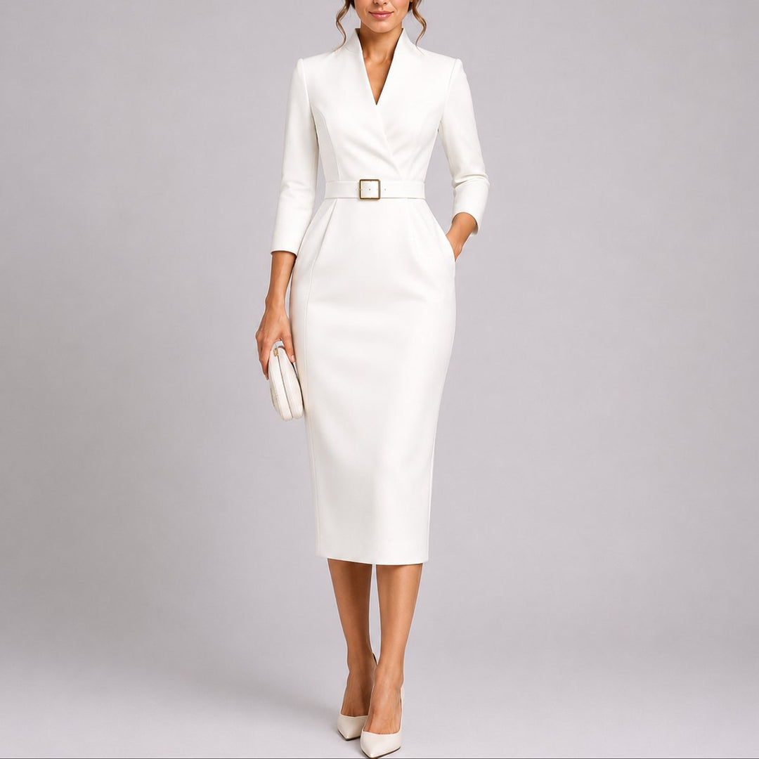 Beatrice | Figurbetontes Midikleid mit Gürtel und V-Ausschnitt für eine Herbsthochzeit