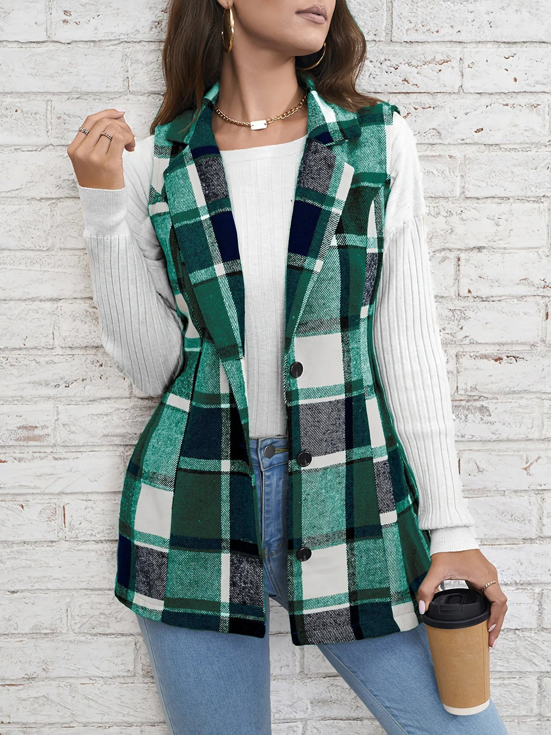 Valentina | Gilet Donna Lungo Scozzese Elegante in Lana Mista