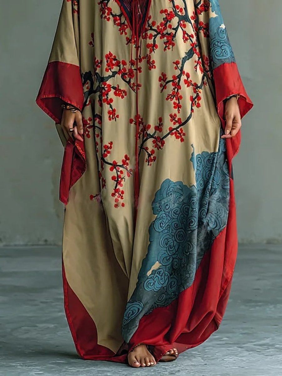 Aurelia | Elegant Long-Sleeve Maxi Dress with Japanese Floral Pattern