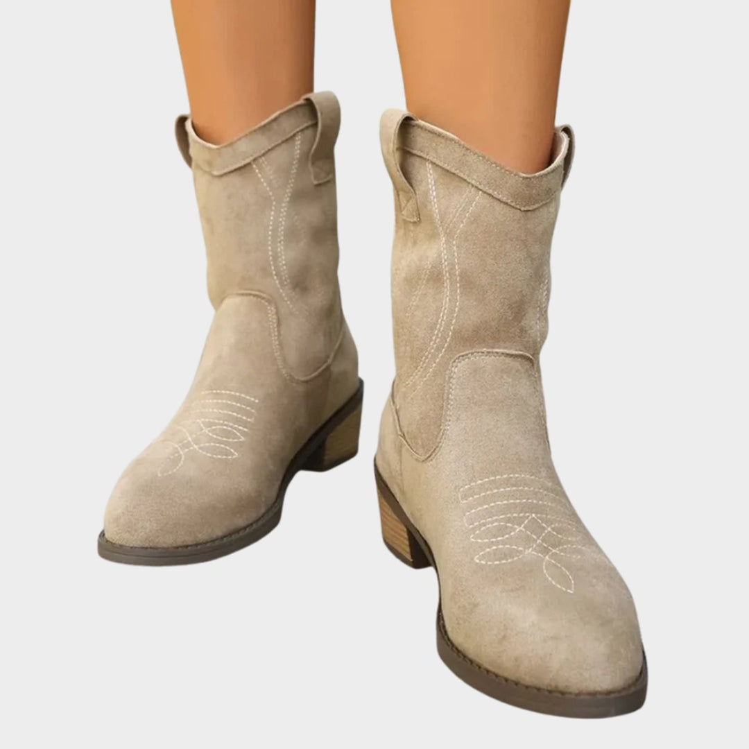 Claudia | Embroidered Western Ankle Boots with a Suede-Look Finish