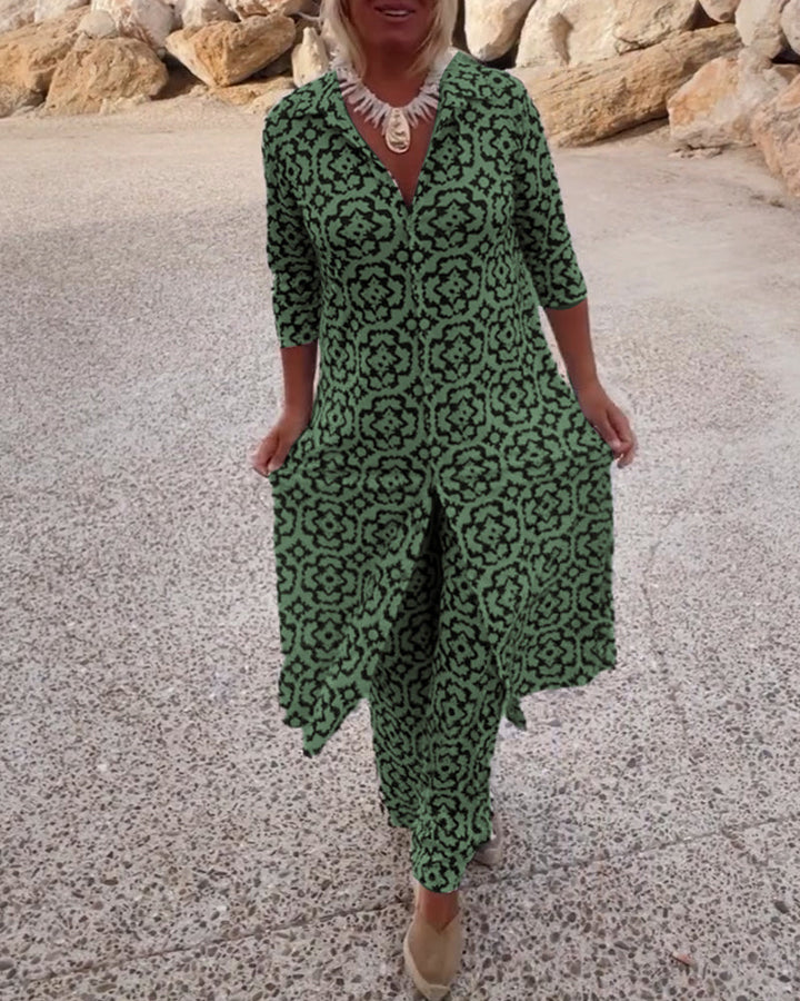 Sandra | Completo Donna Stampato con Tunica a Scollo a V e Pantaloni Palazzo