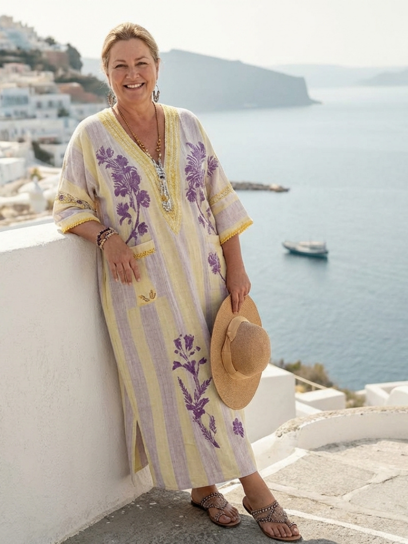 Aurelia | Maxi Dress – V Neck a Strisce Floreali