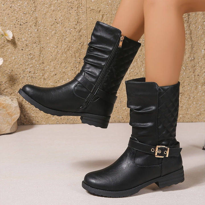Sarah | Wadenhohe Stiefeletten mit Raffungen, Schnalle und seitlichem Reißverschluss